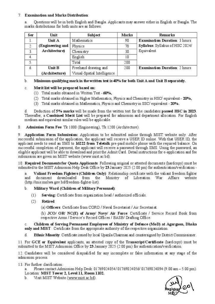 MIST Admission Circular 1