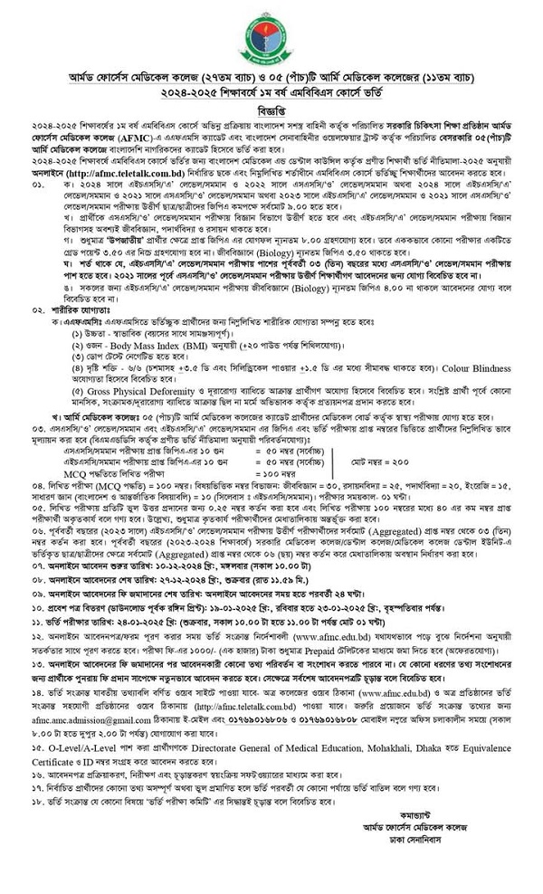 Armed Forces Medical College Admission Circular