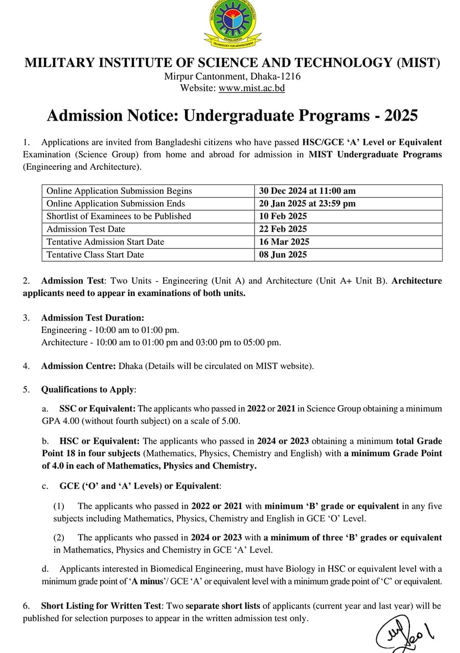MIST Admission Circular